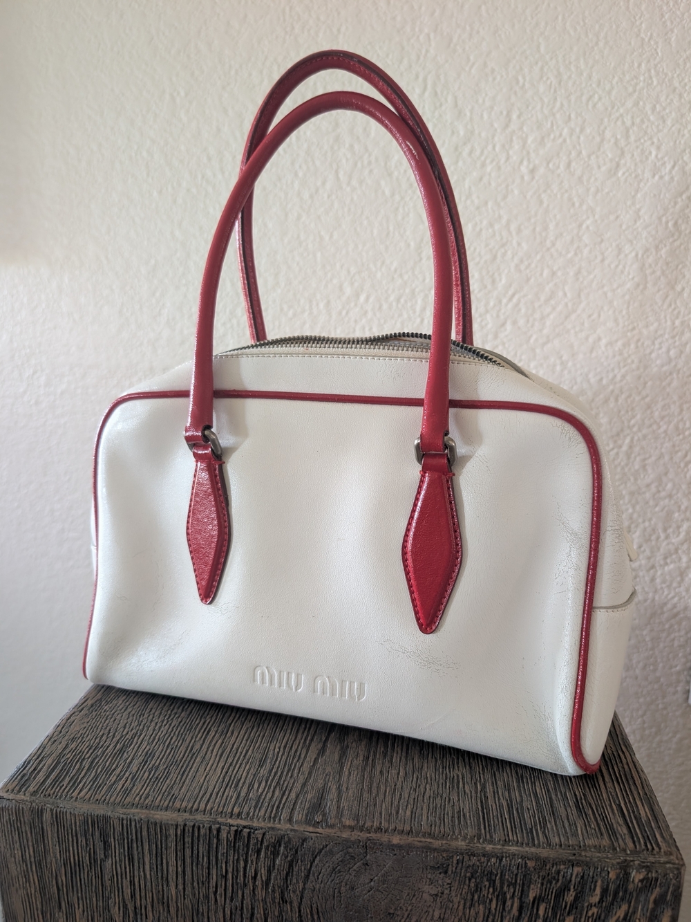 Miu Miu White Leather Satchel with Red Trim